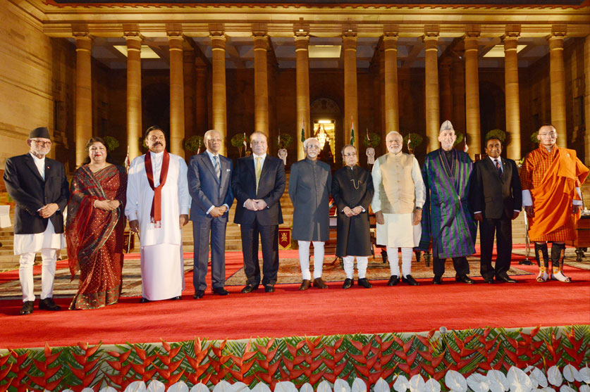 Prime Minister Narendra Modi with President Pranab Mukherjee, Vice President Mohd. Hamid Ansari and SAARC leaders after the Swearing-in Ceremony at Rashtrapati Bhavan, in New Delhi on May 26, 2014