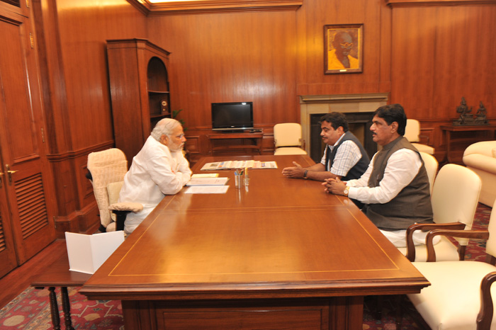 The Union Minister for Road Transport & Highways and Shipping, Shri Nitin Gadkari and the Union Minister for Rural Development, Panchayati Raj, Drinking Water and Sanitation, Shri Gopinathrao Munde calling on the Prime Minister, Shri Narendra Modi, in New Delhi on May 30, 2014.