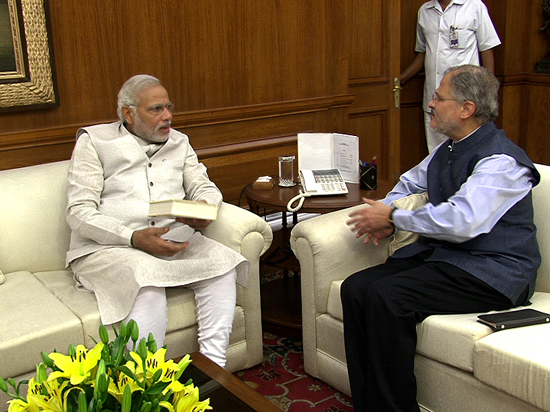 Lt. Governor of Delhi Najeeb Jung calling on Prime Minister Narendra Modi at his South Block office on 28 May 2014