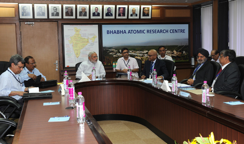 The Prime Minister, Shri Narendra Modi being briefed by the Secretary DAE and Chairman, AEC, Dr. R.K Sinha, at the Bhabha Atomic Research Centre (BARC), in Mumbai on July 21, 2014