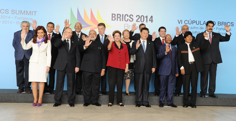 The Prime Minister, Shri Narendra Modi with the BRICS Leaders and South American Leaders, during BRICS official photo, at the Sixth BRICS Summit, in Brasilia, Brazil on July 16, 2014