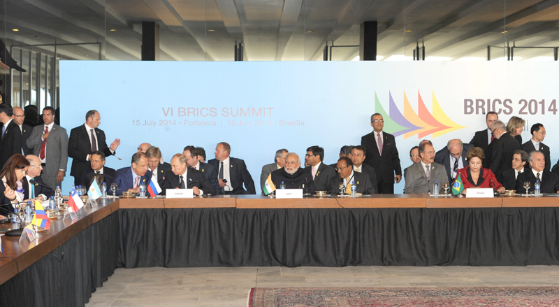 The Prime Minister, Shri Narendra Modi at a meeting of BRICS Leaders and South American Leaders, at the Sixth BRICS Summit, in Brasilia, Brazil on July 16, 2014