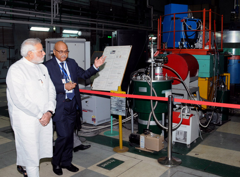 The Prime Minister, Shri Narendra Modi being briefed by the Secretary DAE and Chairman, AEC, Dr. R.K Sinha, about Dhruva Reactor, at the Bhabha Atomic Research Centre (BARC), in Mumbai on July 21, 2014