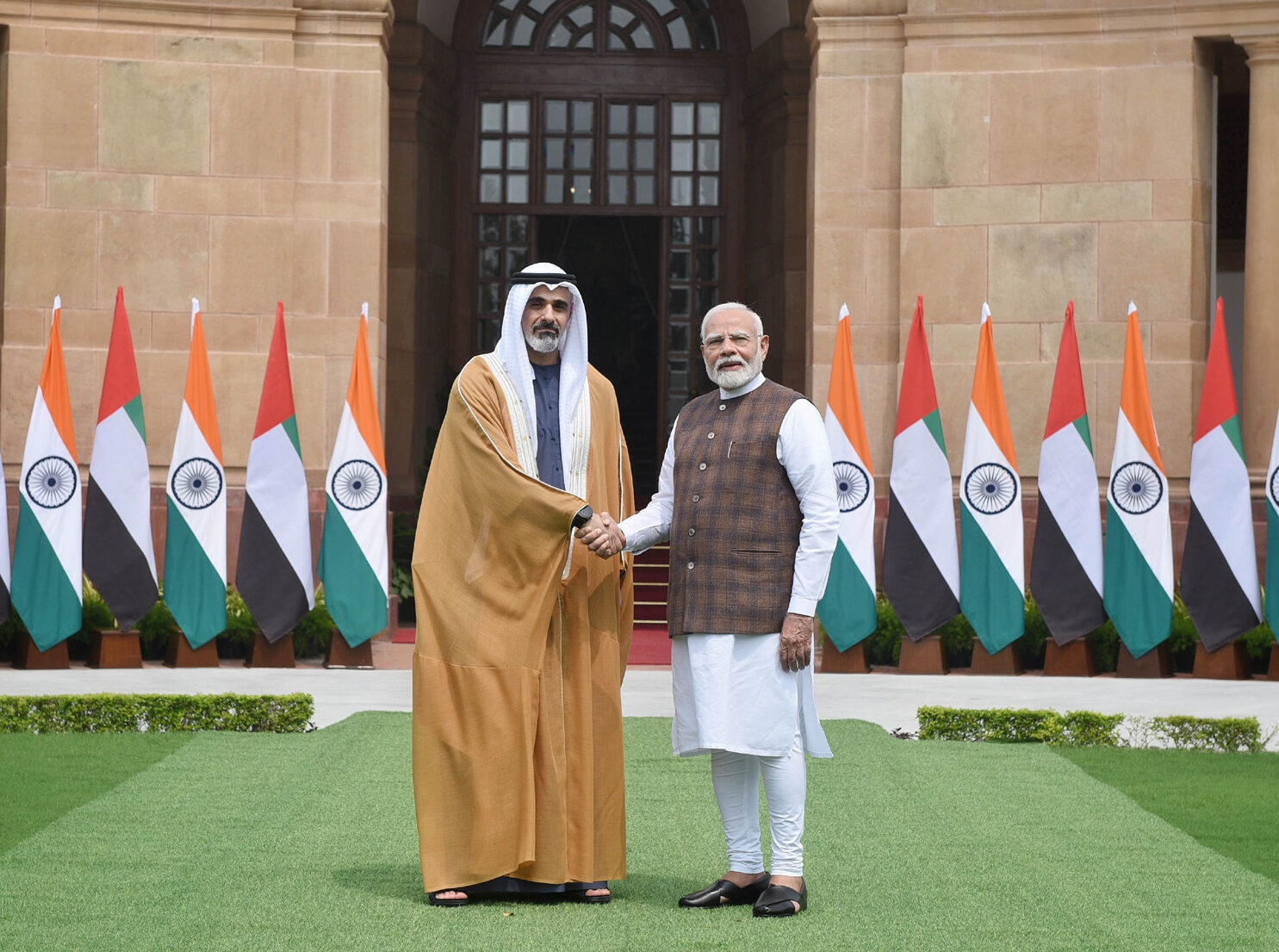 PM meets the Crown Prince of Abu Dhabi, Sheikh Khaled bin Mohamed bin Zayed Al Nahyan at Hyderabad House, in New Delhi on September 09, 2024.