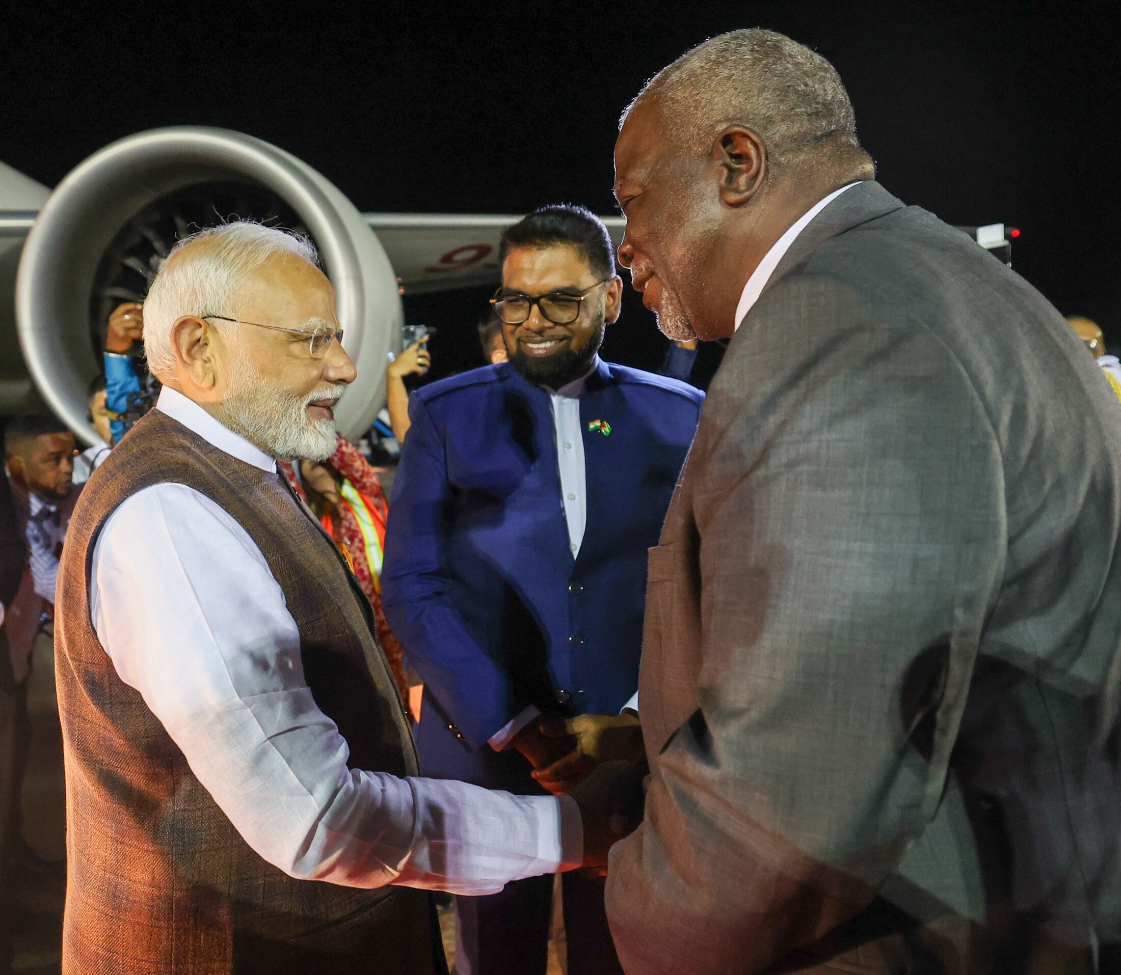 PM receives warm welcome by the president of Guyana, Dr. Mohamed Irfaan Ali on his arrival at Georgetown, in Guyana on November 20, 2024.