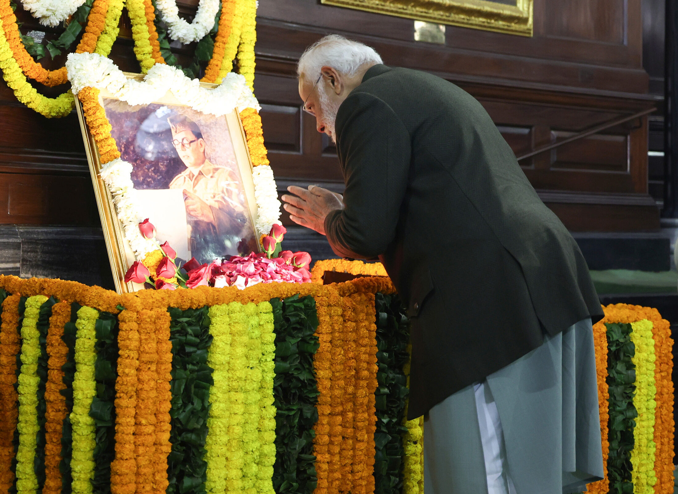 PM arrives for paid tirbutes to Netaji Subhas Chandra Bose on the occasion of his birth anniversary at Central Hall of Samvidhan Sadan, in New Delhi on January 23, 2025.