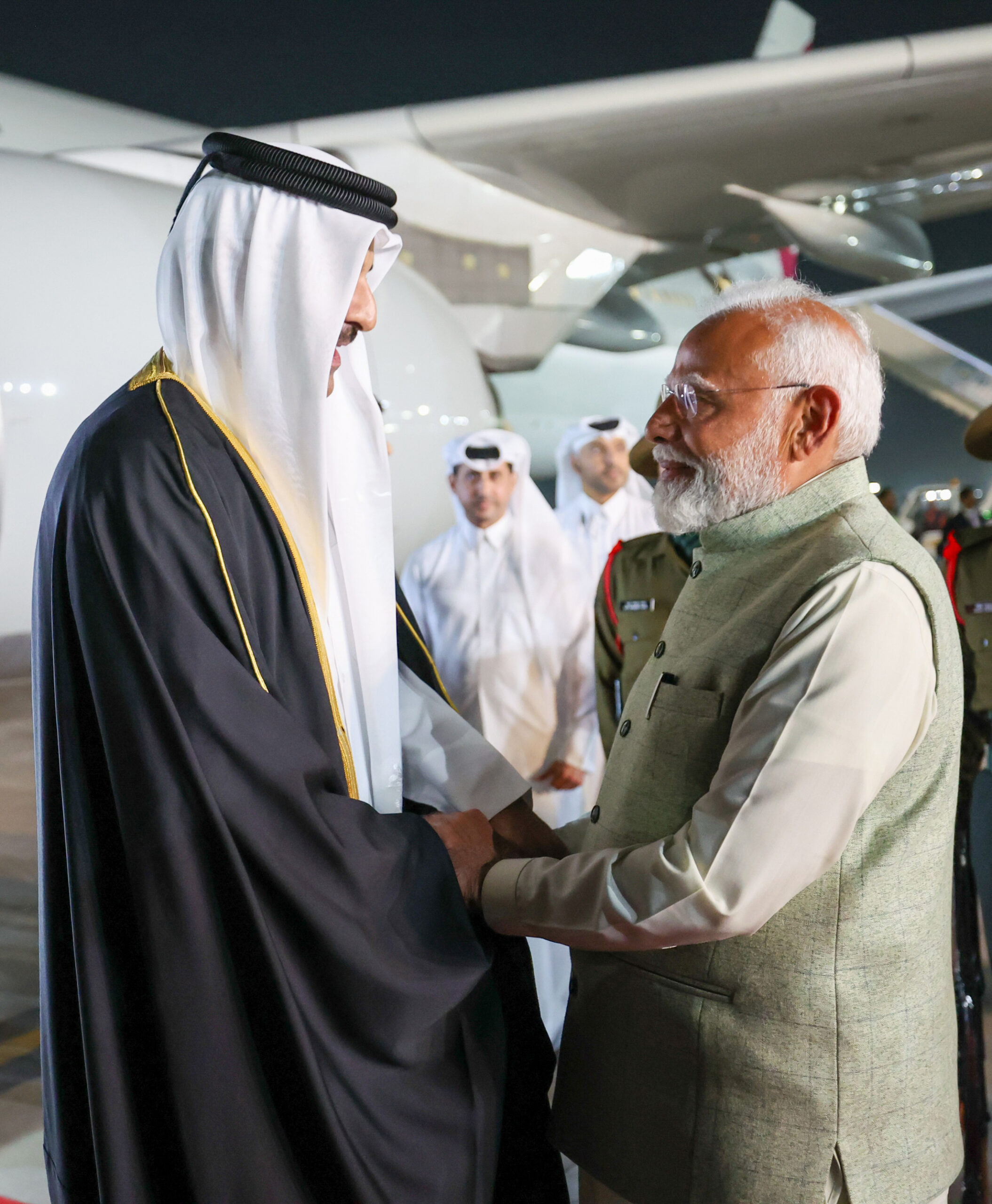 PM receives Amir of the State of Qatar, Sheikh Tamim Bin Hamad AL Thani at Indira Gandhi International Airport, in New Delhi on February 17, 2025.